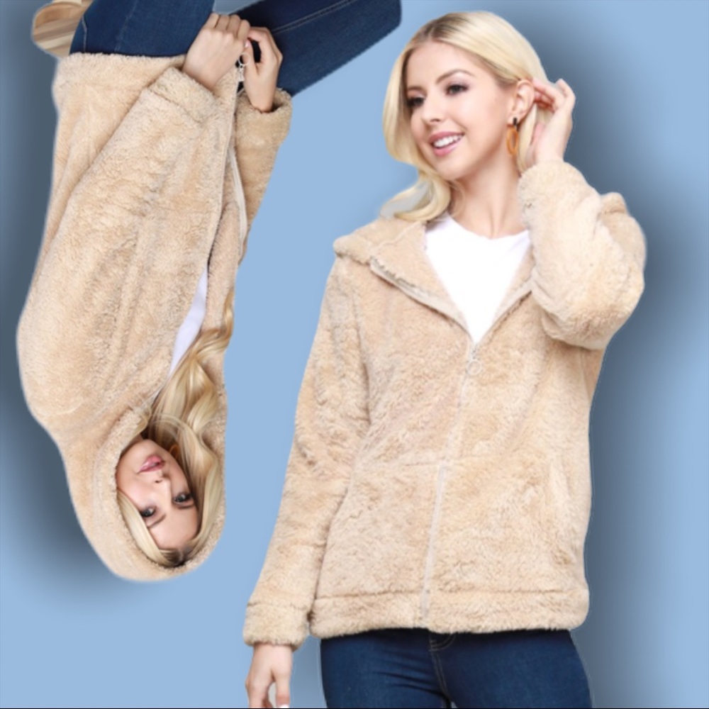 Plush Faux Fur Soft Blush Teddy Bear Zipper Jacket - Picture 9 of 9